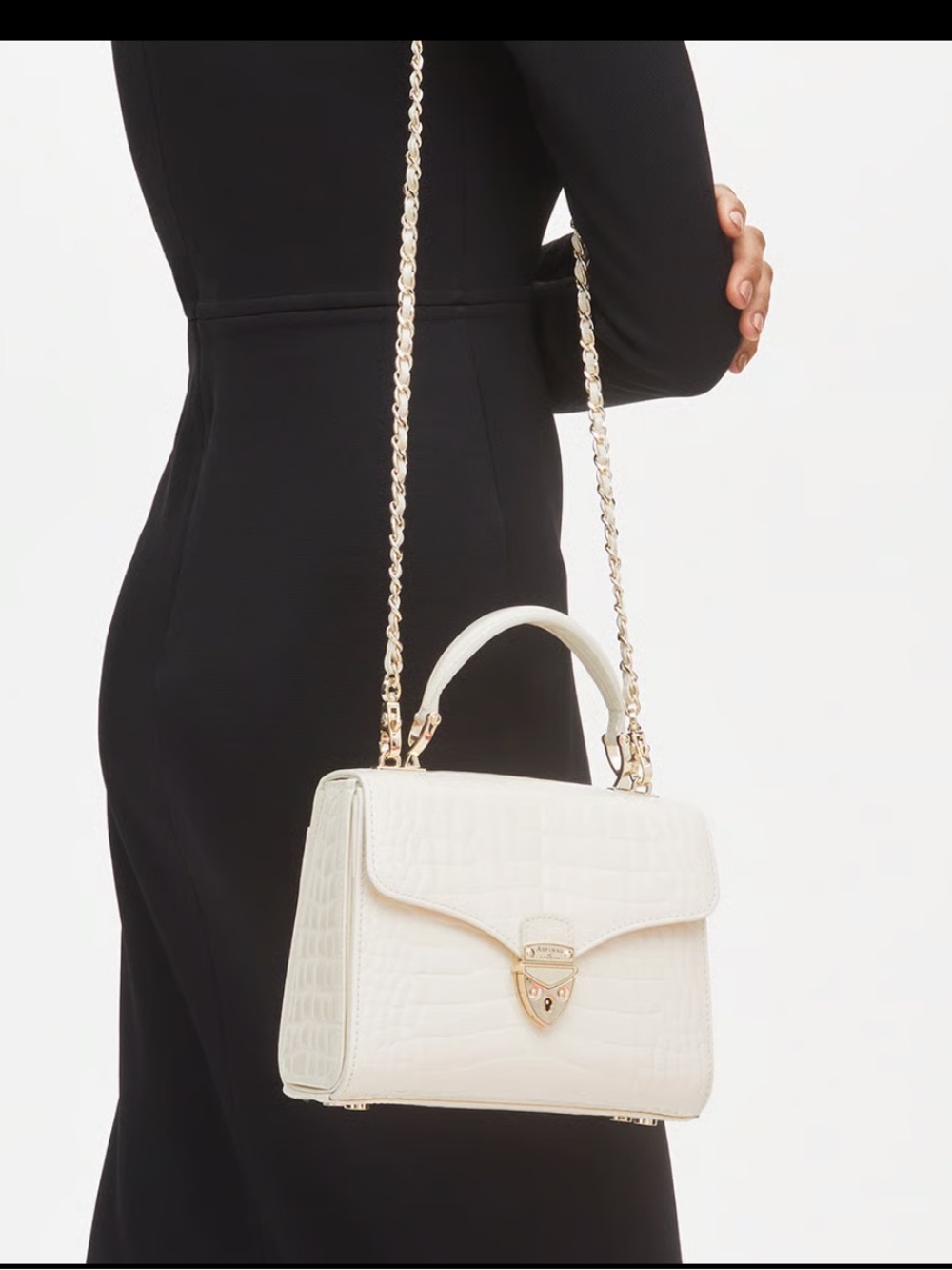 Aspinal of London Midi Mayfair Bag Ivory Patent Croc